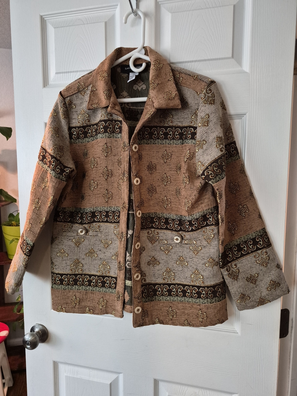 Sag Harbor Olive Green and Beige Floral Jacquard Blouse